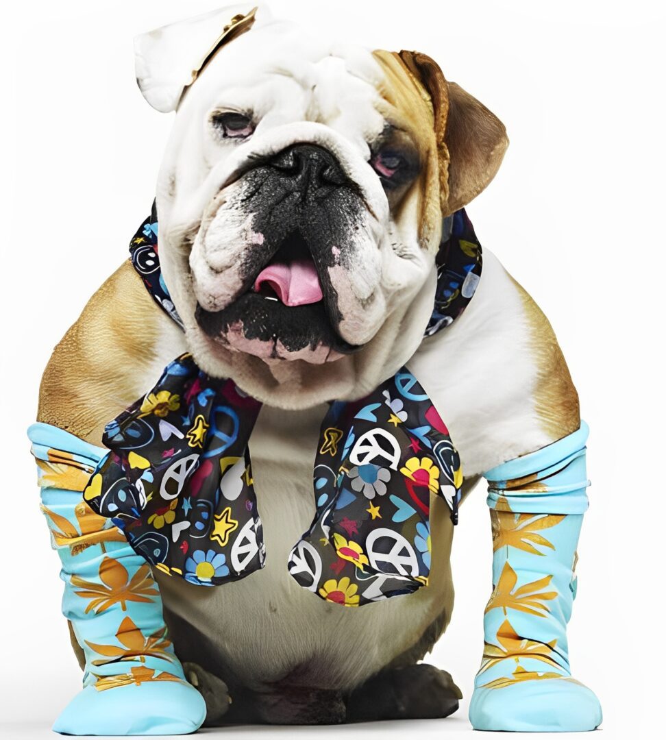 Bulldog wearing colorful scarf and blue boots.